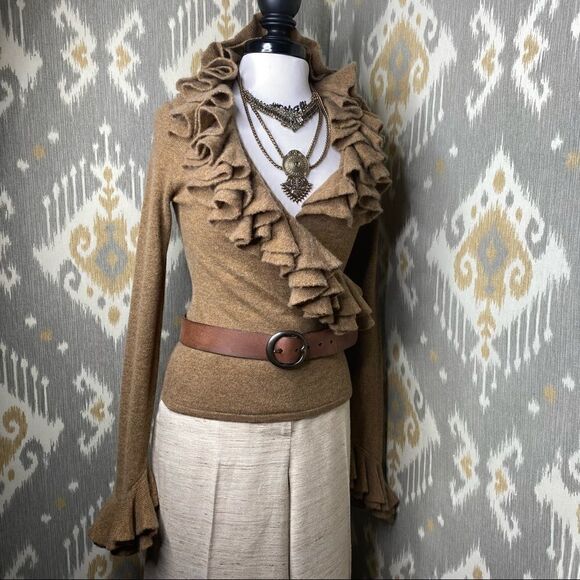 Ralph Lauren Toffee Melange Cashmere Knit Ruffled Wrap-Around L/S Sweater - Picture 4 of 16